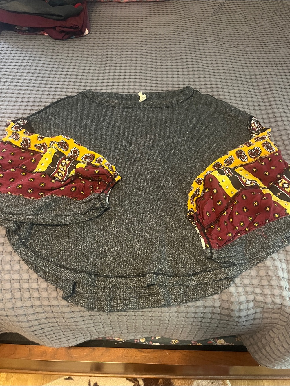 We The Free Grey Top with Maroon and Yellow Patterned Sleeves